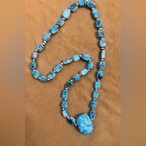 Vtg Egyptian Revival Scarab Necklace | Hand Carved Stone Beads